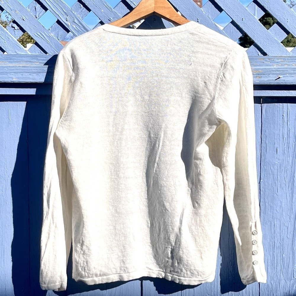 J. McLaughlin Size XS Ivory 3/4 Sleeve Gold Button Open Cardigan Sweater - Picture 2 of 9